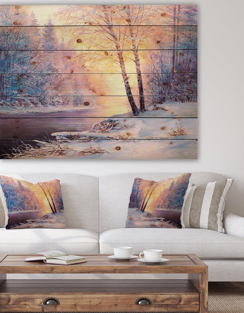 designq Winter Landscape with a River - Landscapes Painting Print on Natural Pine Wood