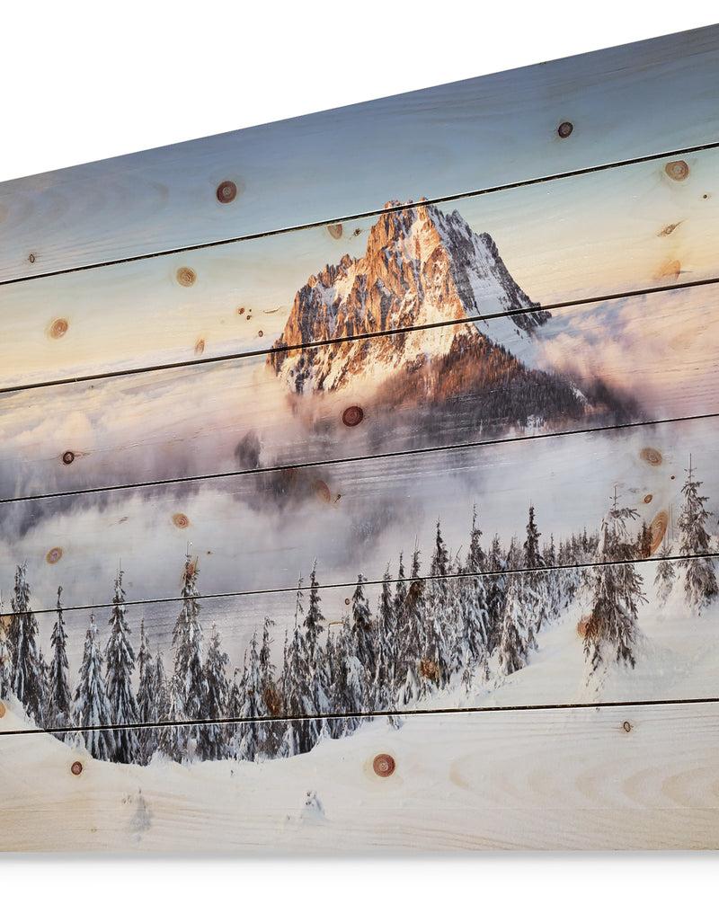 Designq Winter Mountain Landscape - Photography Print On Natural Pine Wood
