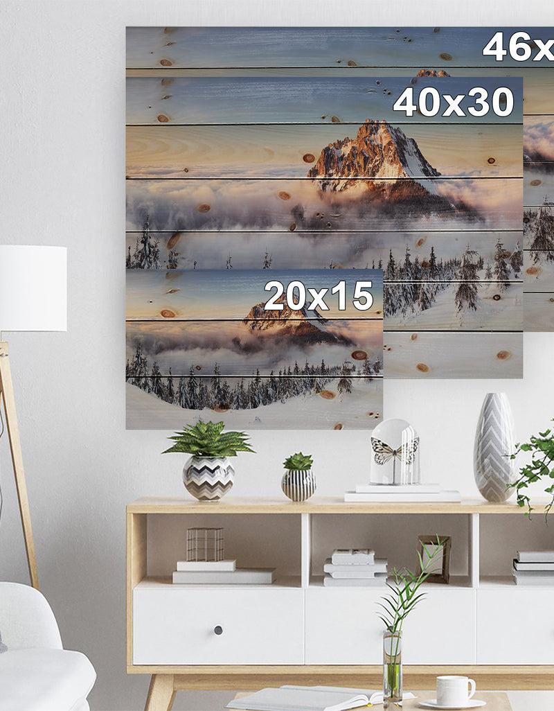 Designq Winter Mountain Landscape - Photography Print On Natural Pine Wood