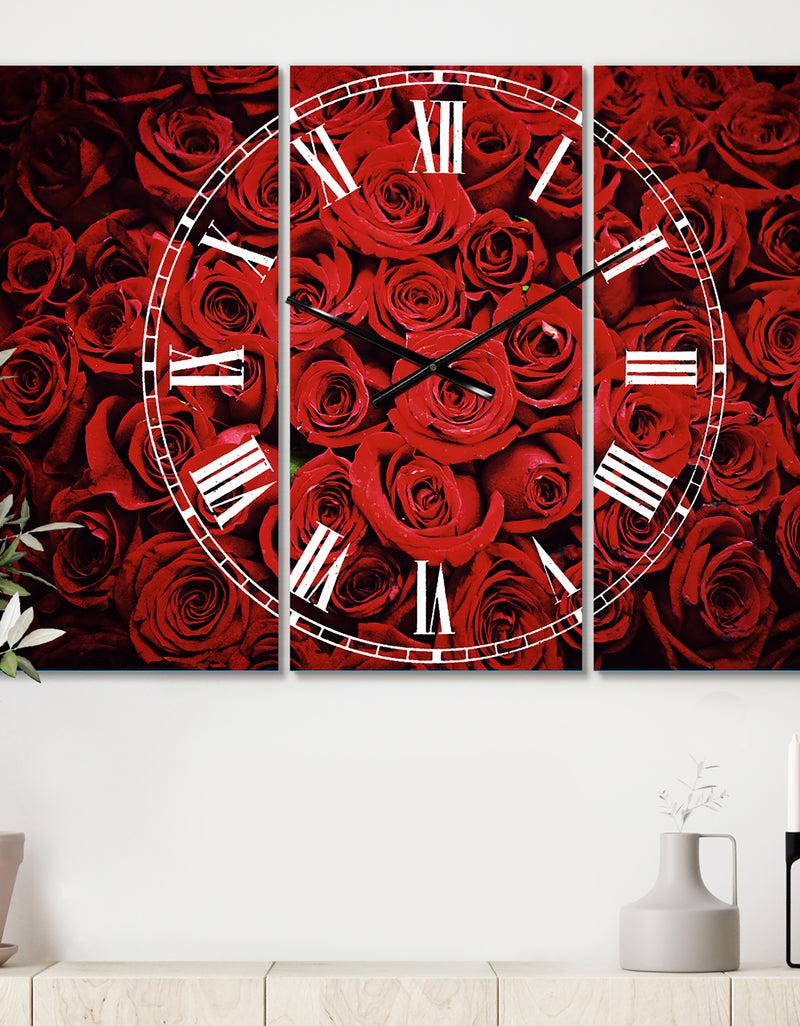 designq Winter Red Rose - Cottage 3 Panels Large Wall CLock
