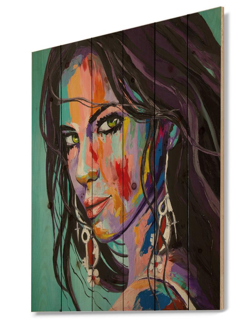 Designq Woman Portrait Be Careful - Glamour Painting Print On Natural Pine Wood