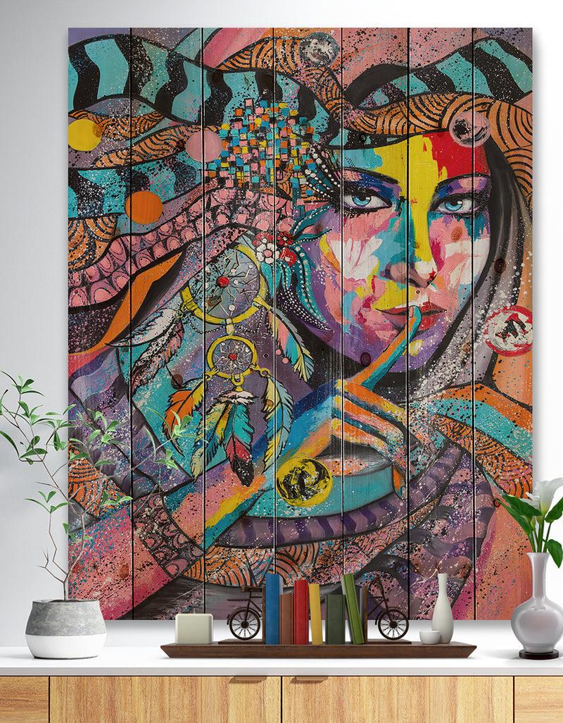 designq Woman Portrait In Your Dreams - Glamour Painting Print on Natural Pine Wood