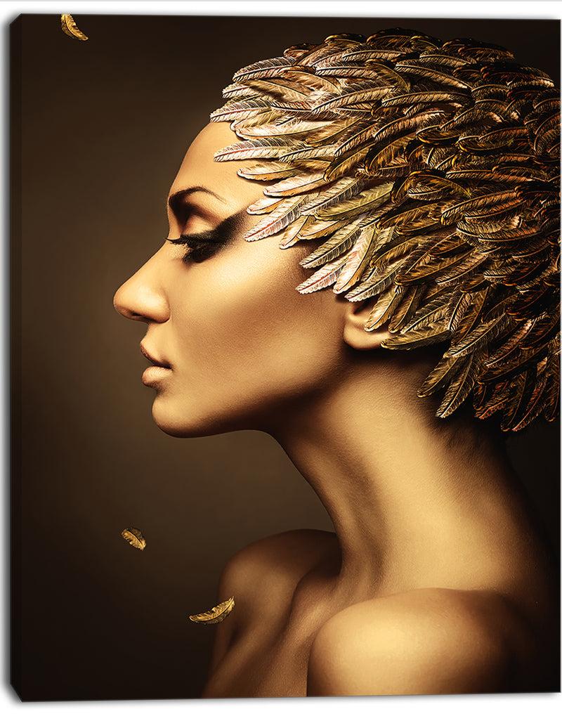 Designq Woman With Gold Feather Hat - Contemporary Canvas Art Print