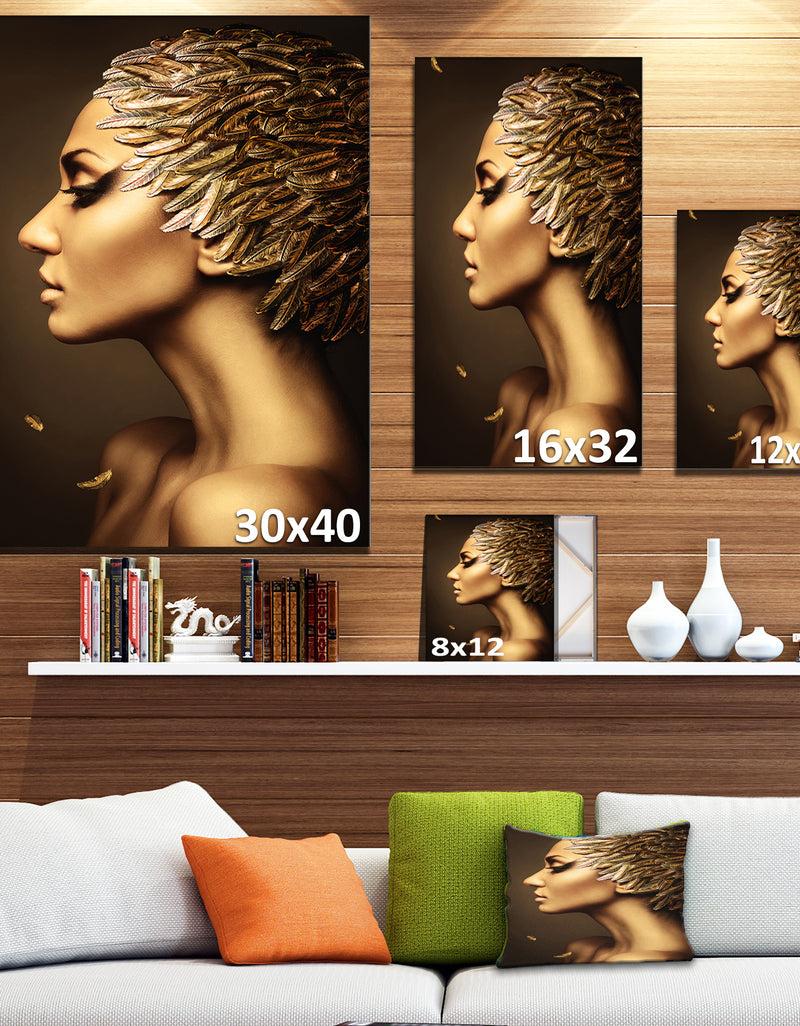 Designq Woman With Gold Feather Hat - Contemporary Canvas Art Print