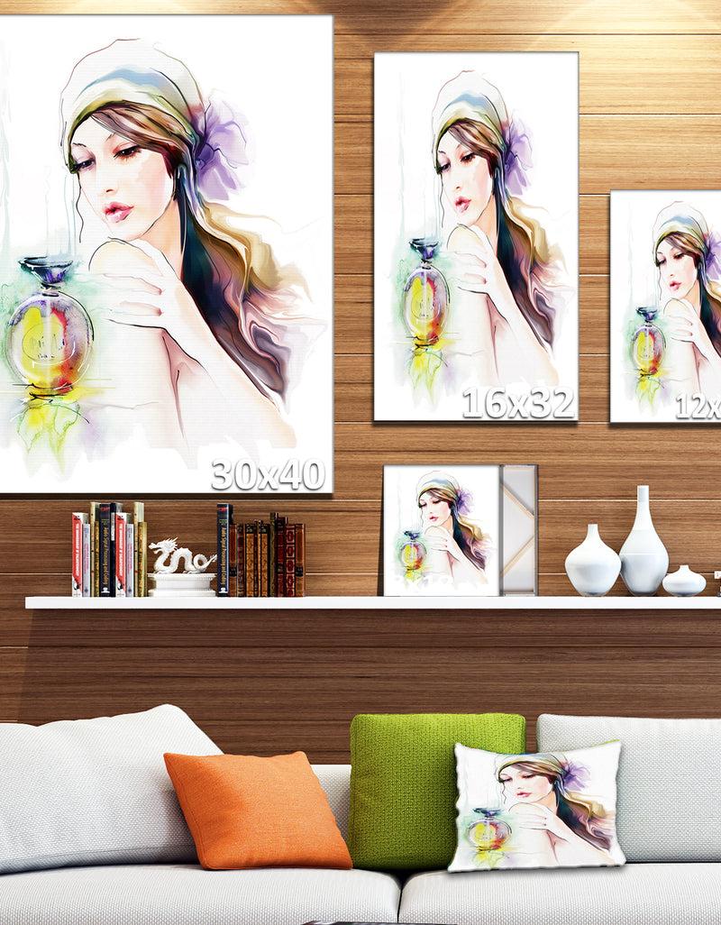 Designq Woman With Perfume Bottle - Portrait Contemporary Canvas Art Print