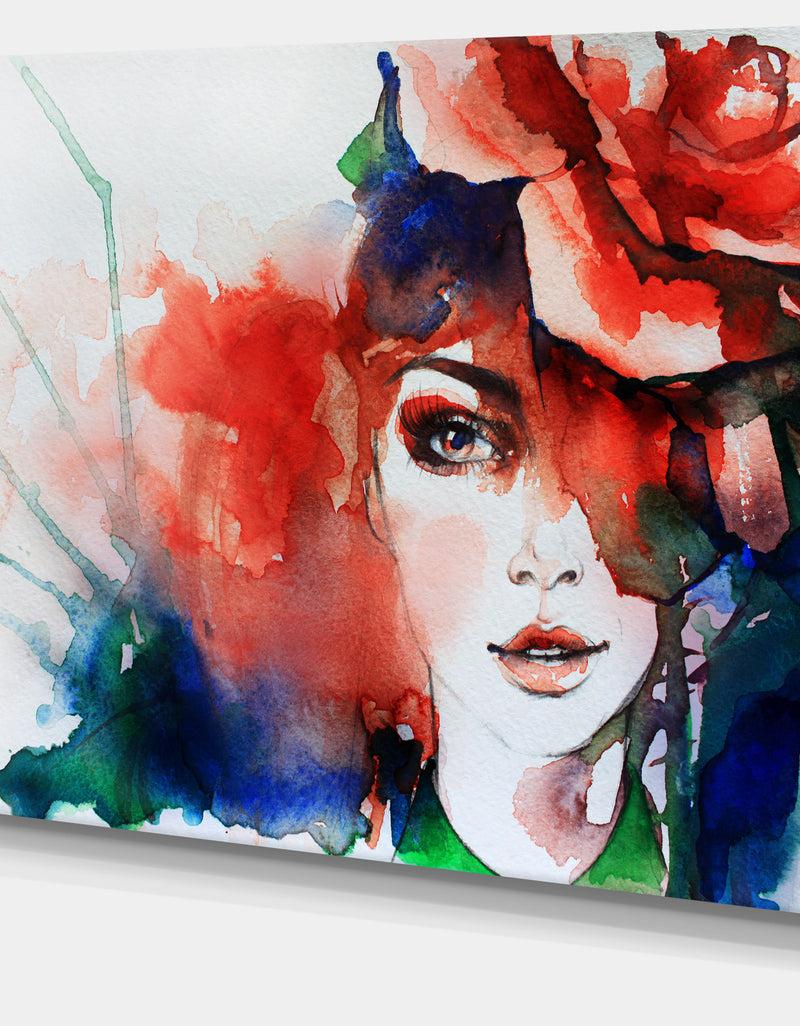 Designq Woman With Rose Illustration - Abstract Canvas Artwork
