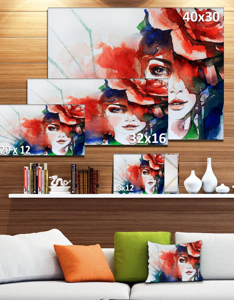 Designq Woman With Rose Illustration - Abstract Canvas Artwork