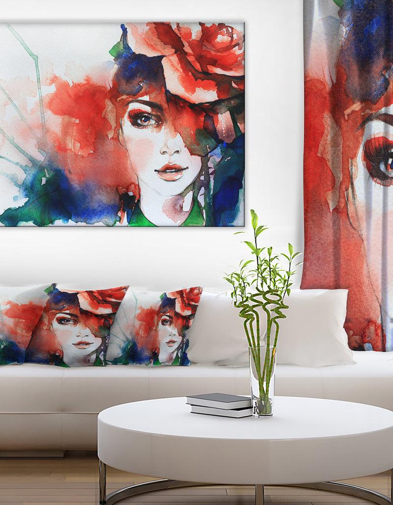designq Woman with Rose Illustration - Abstract Canvas Artwork