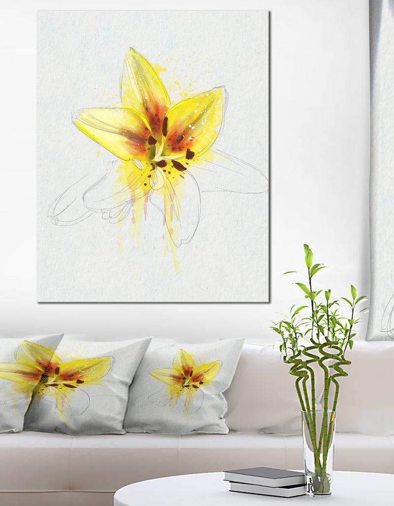 designq Wonderful Yellow Lily Flower Sketch - Floral Canvas Artwork Print