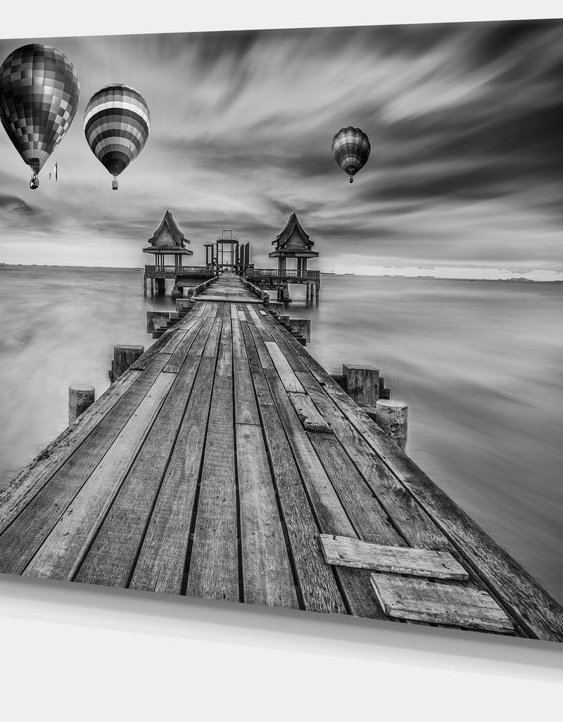 Designq Wood Bridge In Port Between Sunrise - Sea Bridge Canvas Wall Artwork