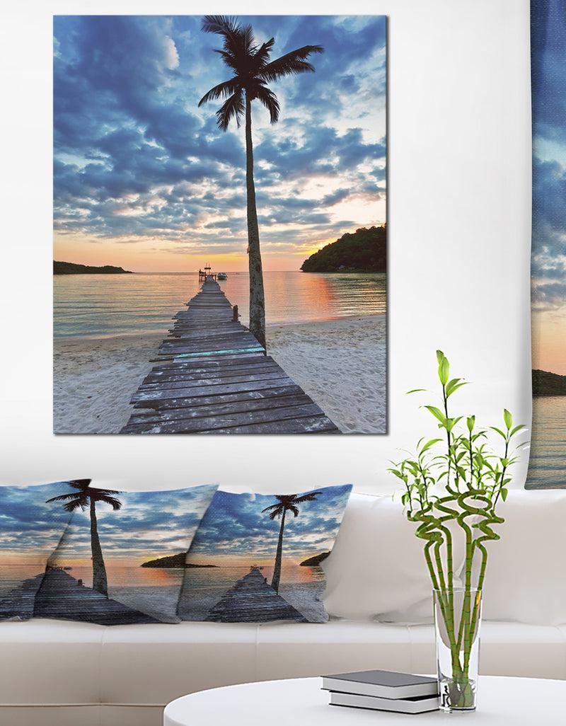 designq Wooden Pier and Palm Tree - Seashore Photo Canvas Art Print