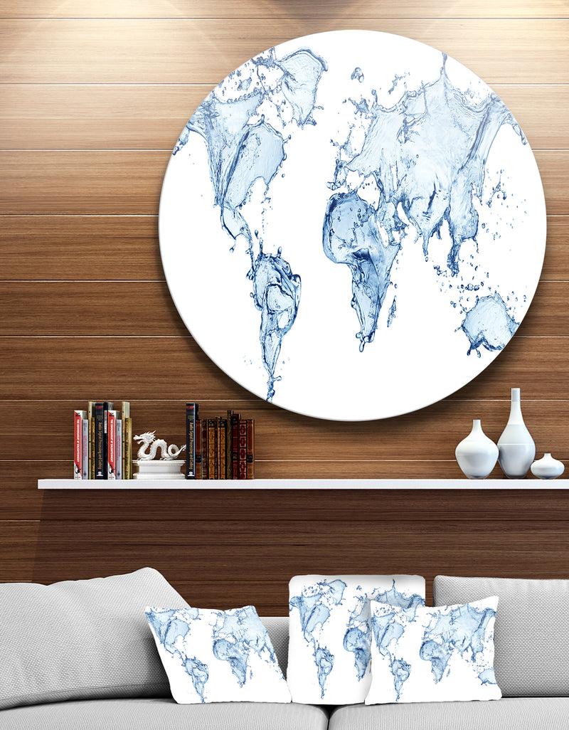 designq World Map Water Splash - Map Digital Art Round Metal Wall Art