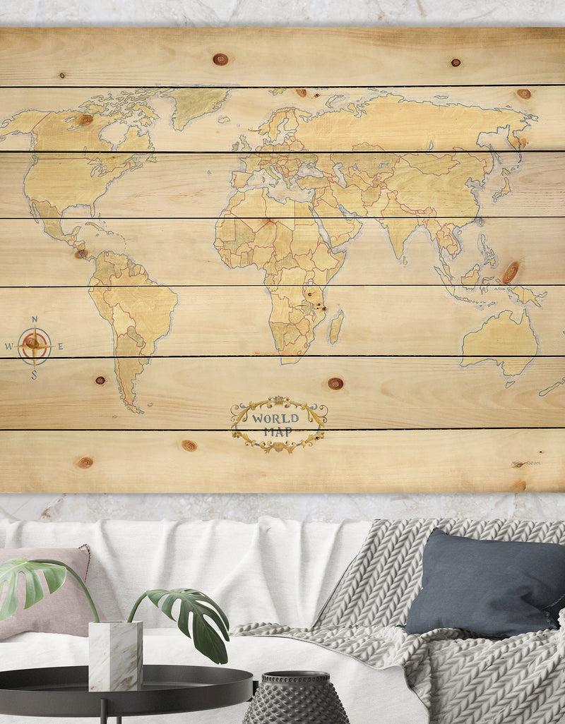 designq World Trekker I Crop - Map Print on Natural Pine Wood