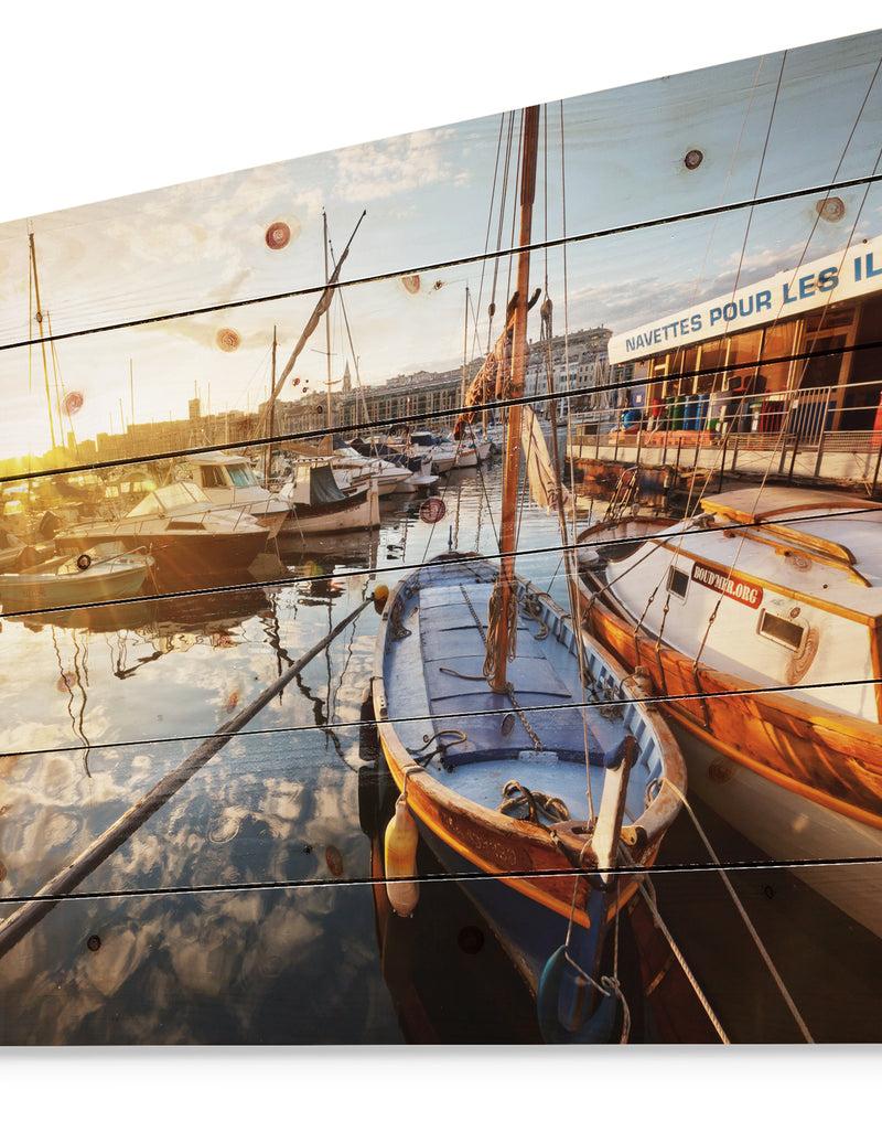 Designq Yachts At Sea Port Of Marseille - Boat Print On Natural Pine Wood