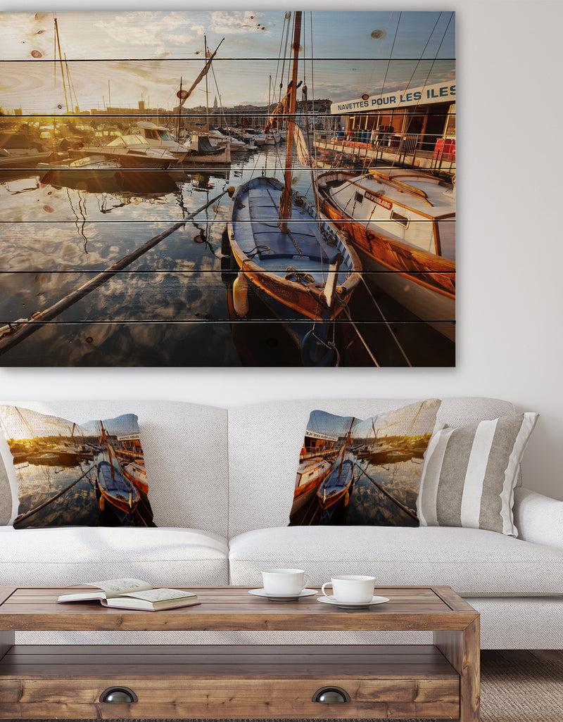 designq Yachts at Sea Port of Marseille - Boat Print on Natural Pine Wood