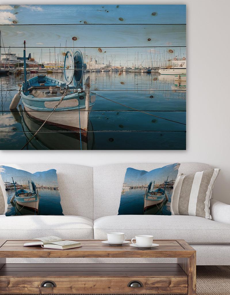 designq Yachts in Toulon Port France - Boat Print on Natural Pine Wood