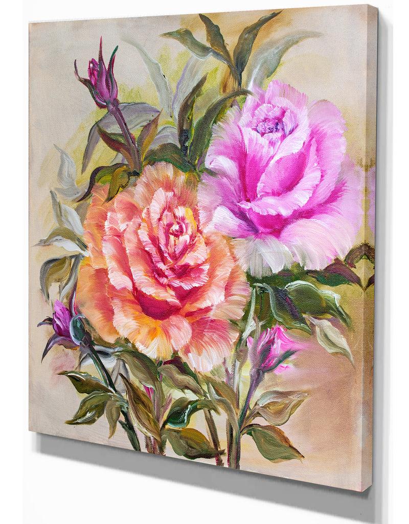 Designq Yello And Pink Roses - Floral Painting Print On Wrapped Canvas