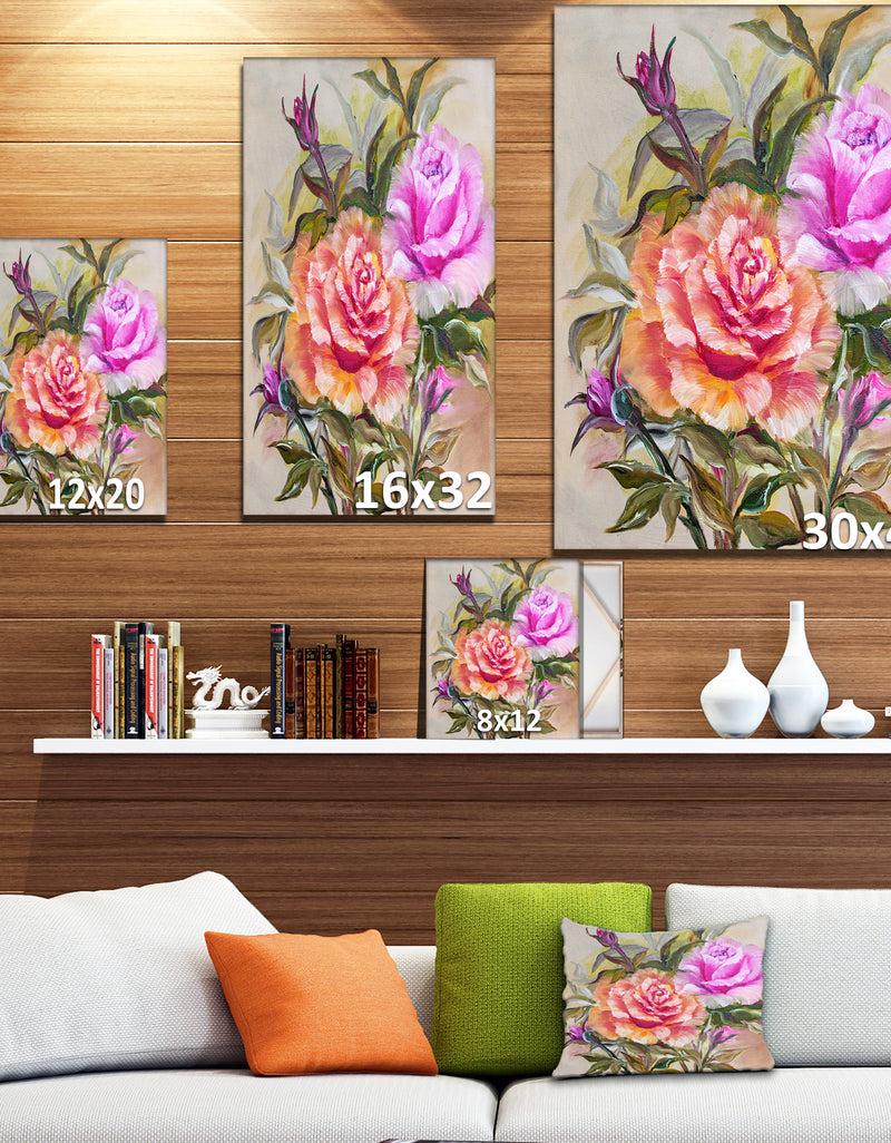 Designq Yello And Pink Roses - Floral Painting Print On Wrapped Canvas