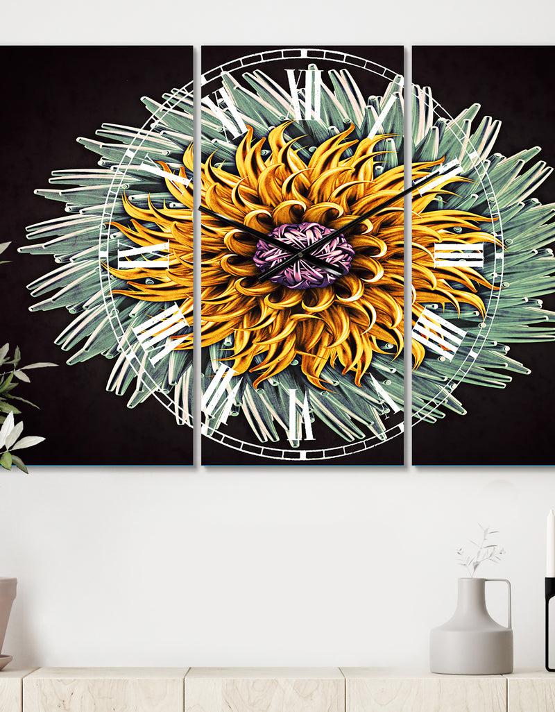 designq Yellow Blue Abstract 3D Flower - Cottage 3 Panels Large Wall CLock