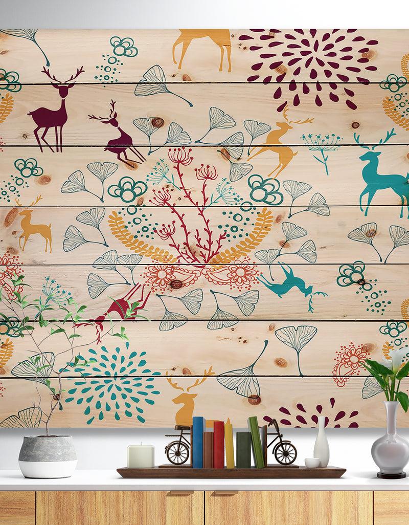 designq Yellow Blue Brown Reindeer christmas pattern - Print on Natural Pine Wood