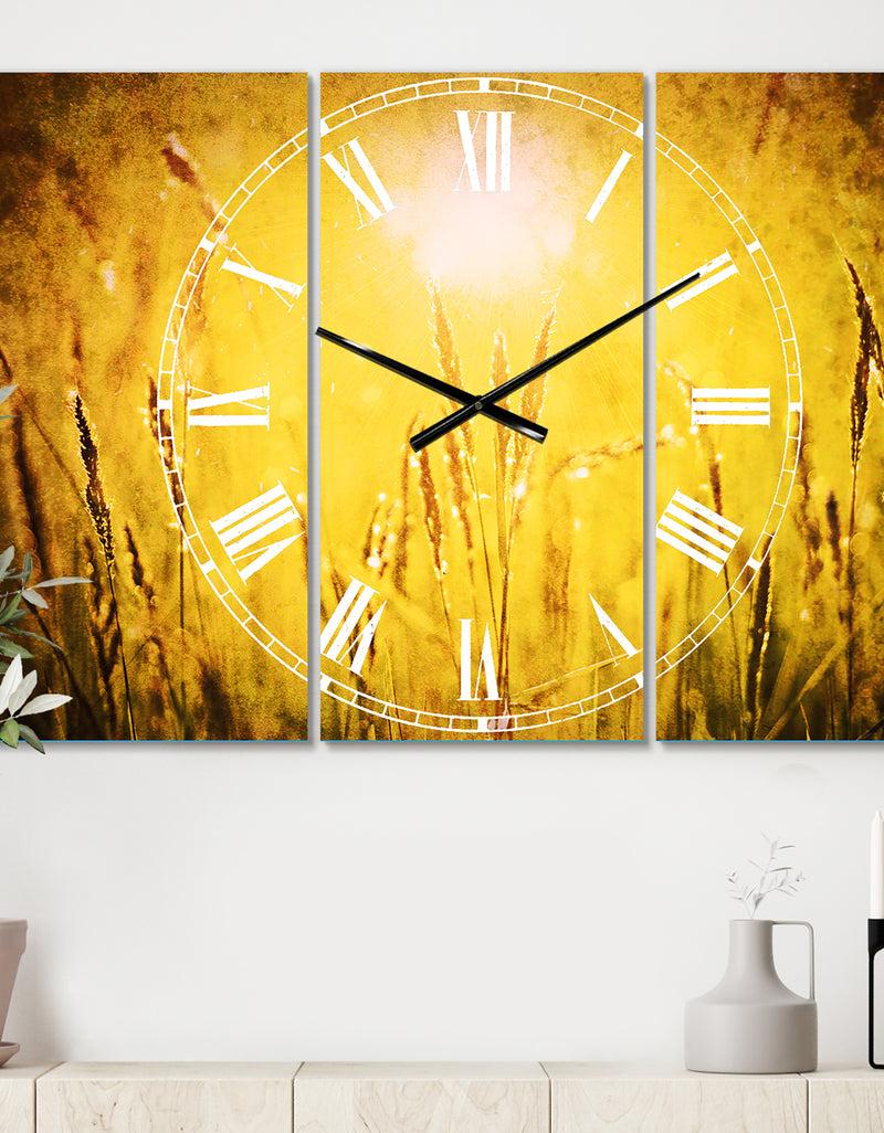 designq Yellow Grass Flower at Sunset - Cottage 3 Panels Oversized Wall CLock