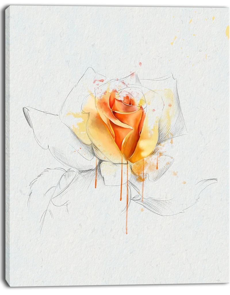 Designq Yellow Rose Sketch On White Back - Flower Artwork On Canvas
