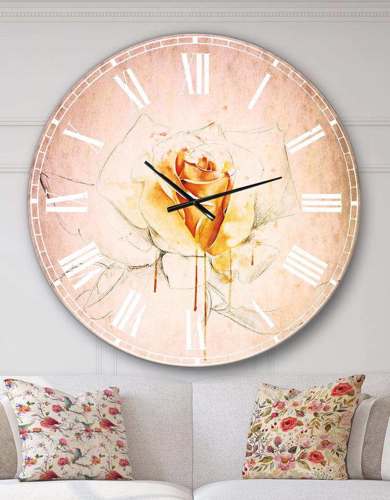 designq Yellow Rose Sketch on White Back - Flower Wall CLock