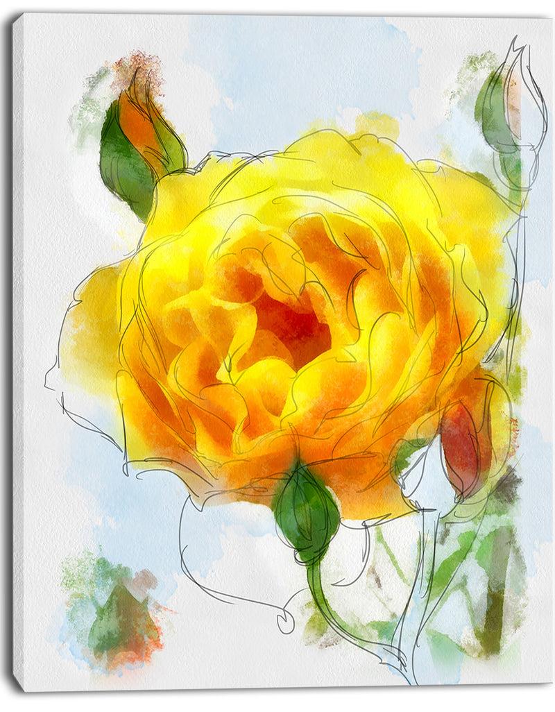 Designq Yellow Rose With Rose Buds Sketch - Large Floral Canvas Artwork