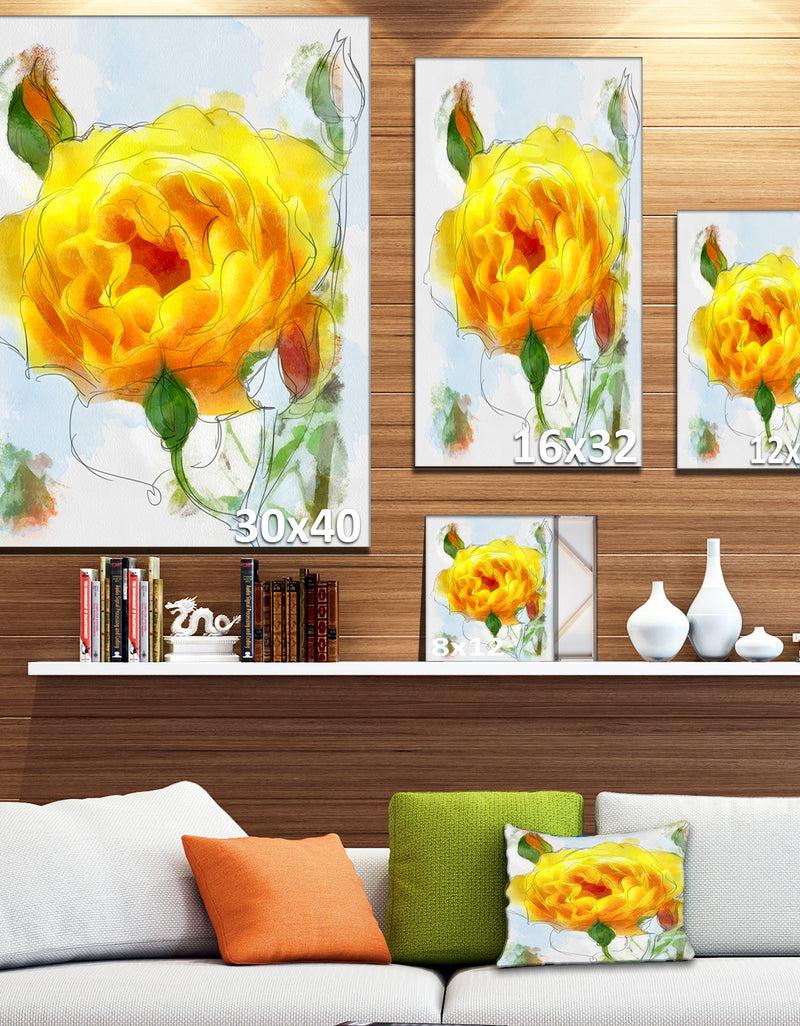 Designq Yellow Rose With Rose Buds Sketch - Large Floral Canvas Artwork