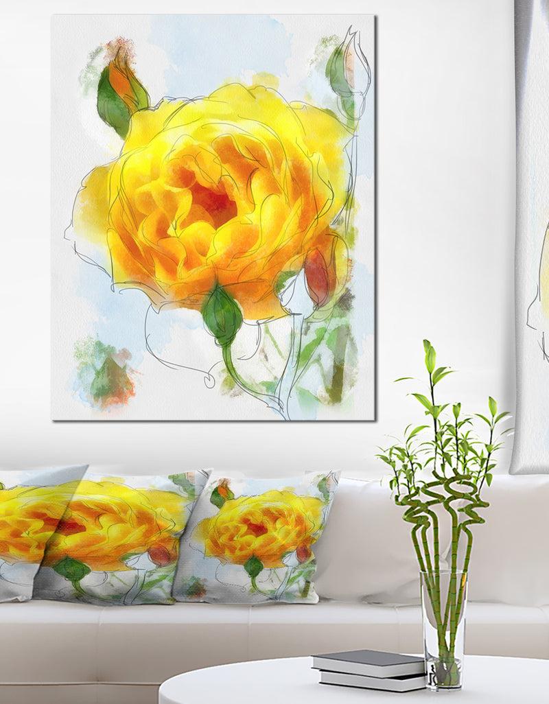designq Yellow Rose with Rose Buds Sketch - Large Floral Canvas Artwork