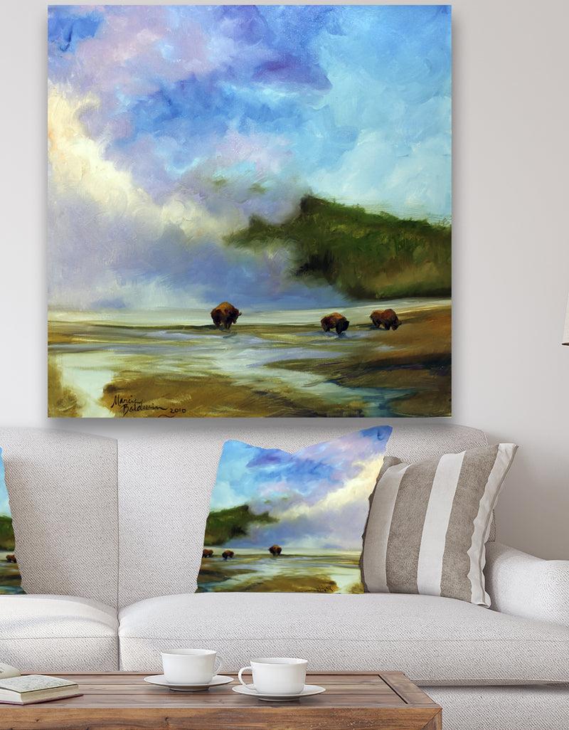 designq Yellowstone Buffalo Landscape - Lake House Gallery-wrapped Canvas