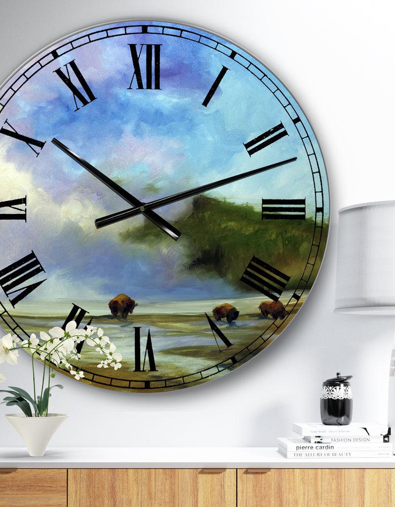designq Yellowstone Buffalo Landscape - Large Lake House Wall Clock