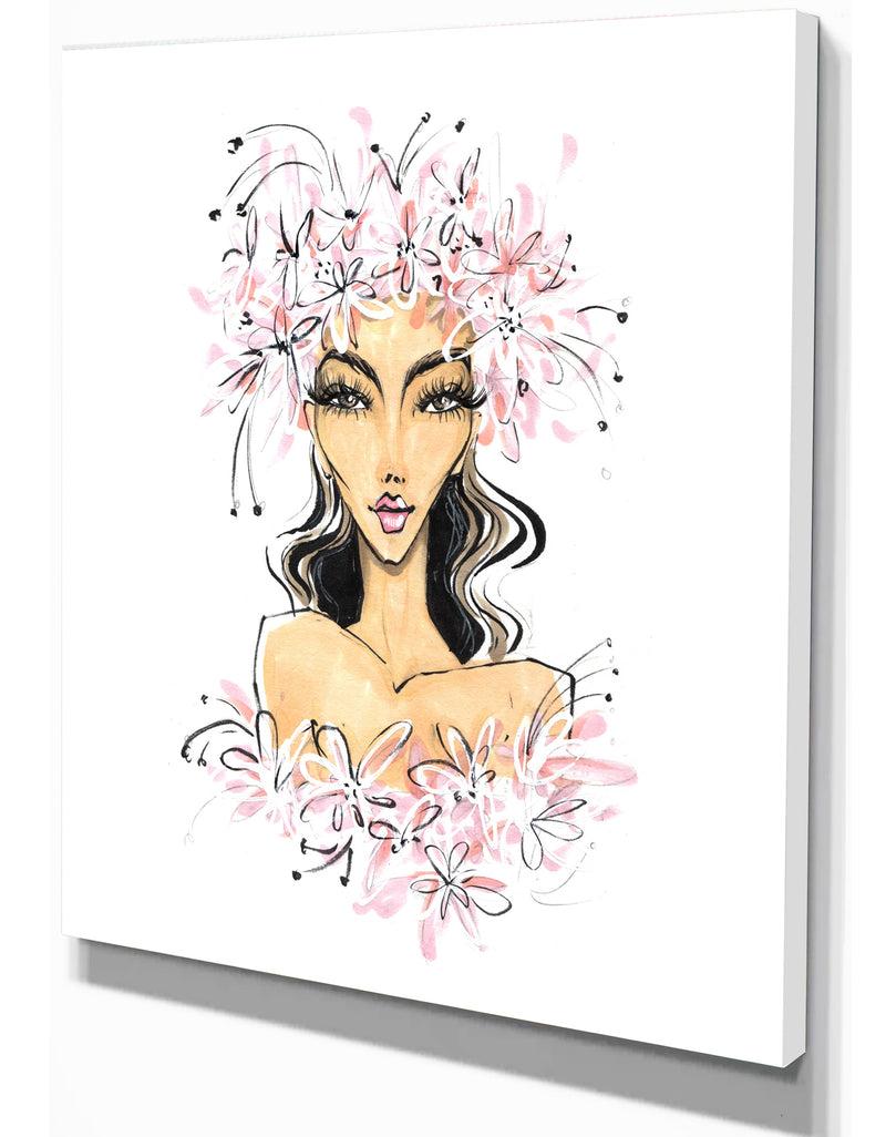 Designq Young Girl In Flowers - Glamour Painting Print On Wrapped Canvas