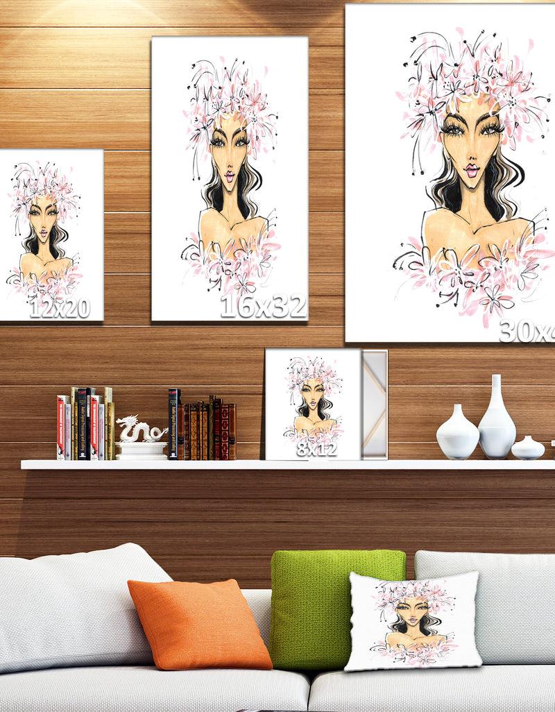 Designq Young Girl In Flowers - Glamour Painting Print On Wrapped Canvas