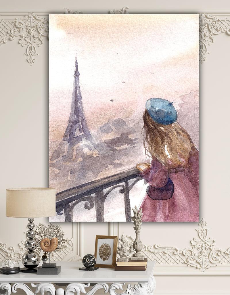designq Young Paris Girl Watching Eiffel Tower - Traditional Canvas Wall Art