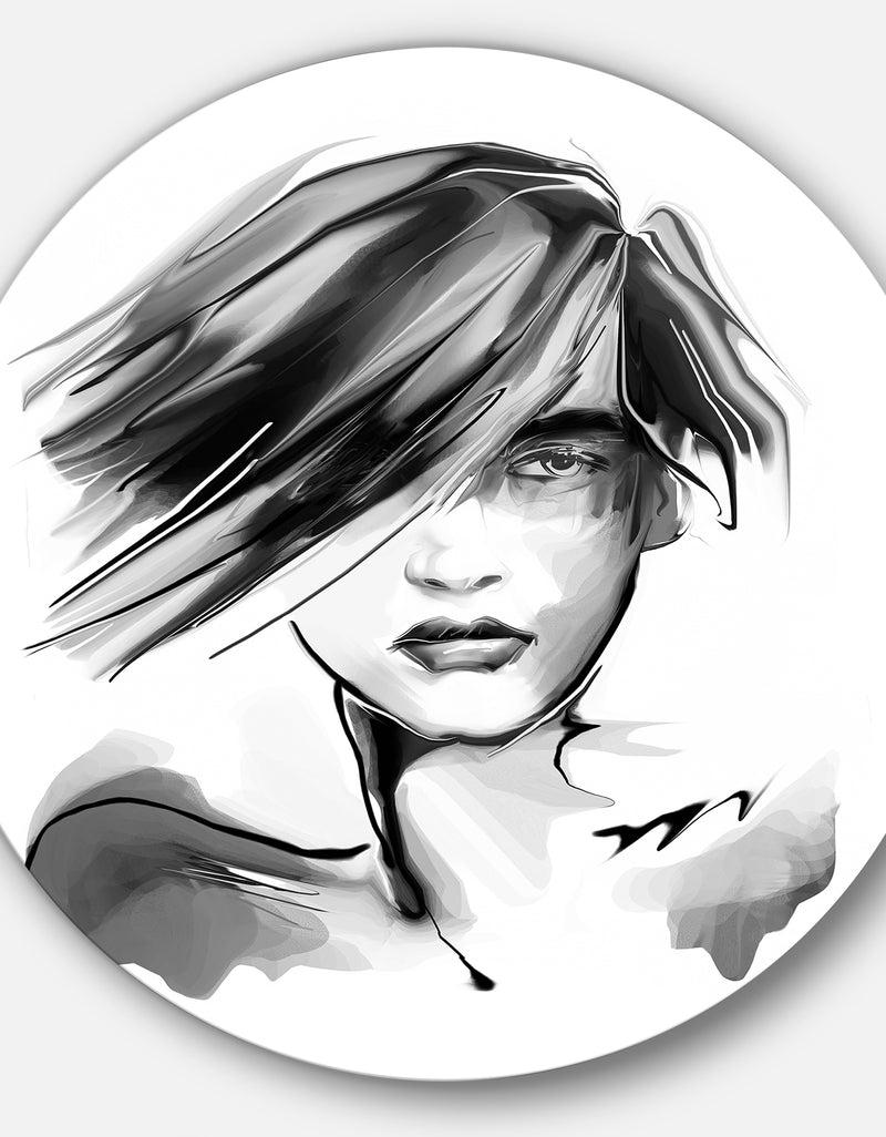 Designq Young Woman Black White - Portrait Digital Art Disc Metal Artwork