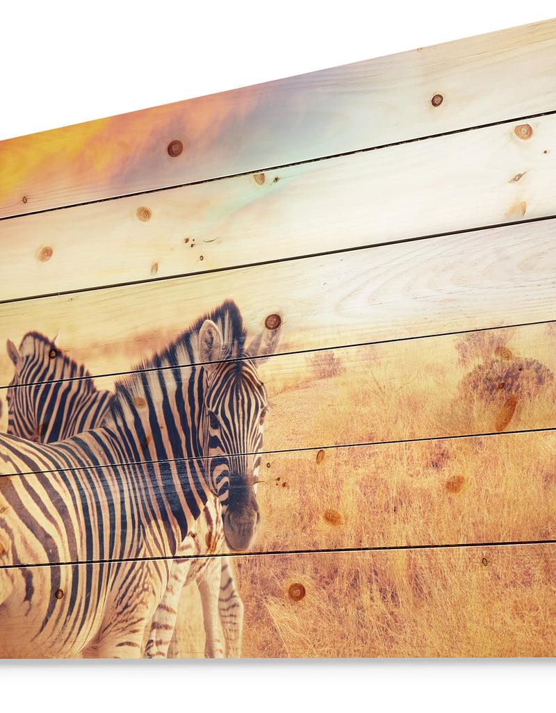Designq Zebras Herd In Field At Sunset - African Print On Natural Pine Wood