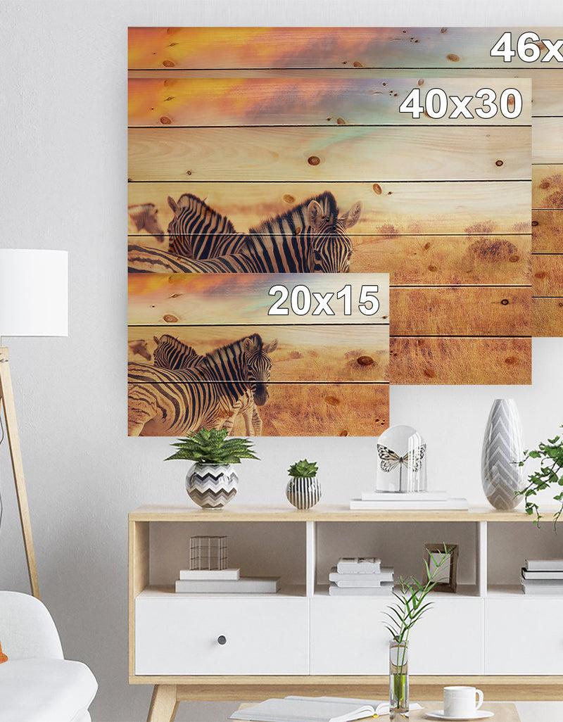 Designq Zebras Herd In Field At Sunset - African Print On Natural Pine Wood