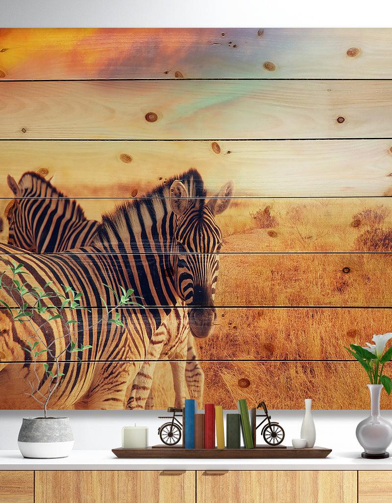 designq Zebras Herd in Field At Sunset - African Print on Natural Pine Wood
