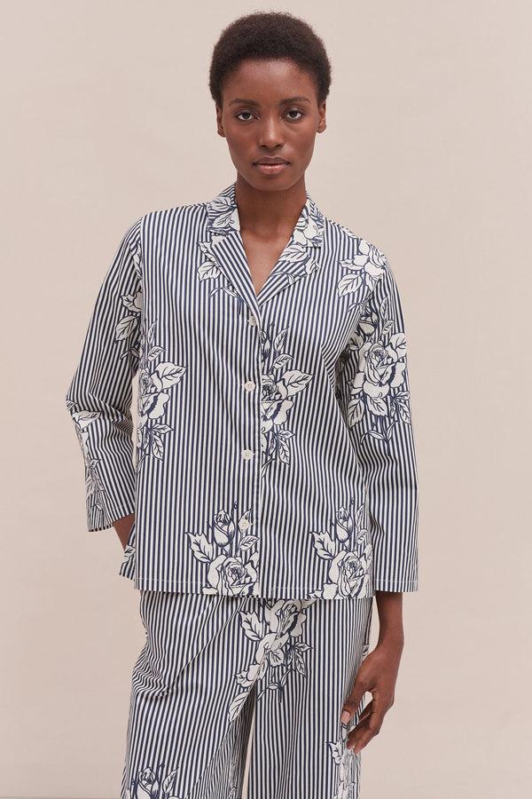 Desmond & Dempsey 402 Long Pyjama Set Pinstripe Rose/Navy