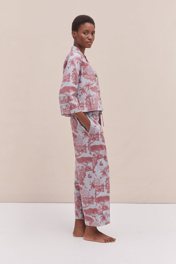 Desmond & Dempsey Boxy Shirt And Wide Leg Trouser Set Loxodonta Print Chambray/Red