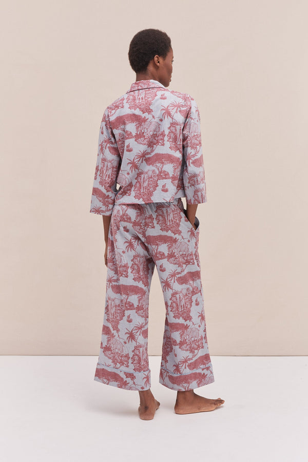 Desmond & Dempsey Boxy Shirt And Wide Leg Trouser Set Loxodonta Print Chambray/Red