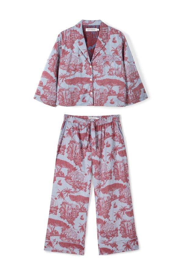 Desmond & Dempsey Boxy Shirt And Wide Leg Trouser Set Loxodonta Print Chambray/Red