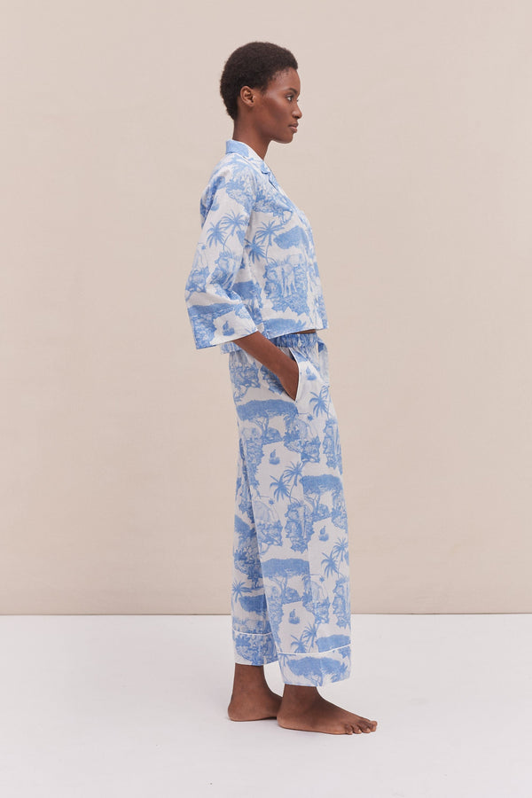 Desmond & Dempsey Boxy Shirt And Wide Leg Trouser Set Loxodonta Print Blue