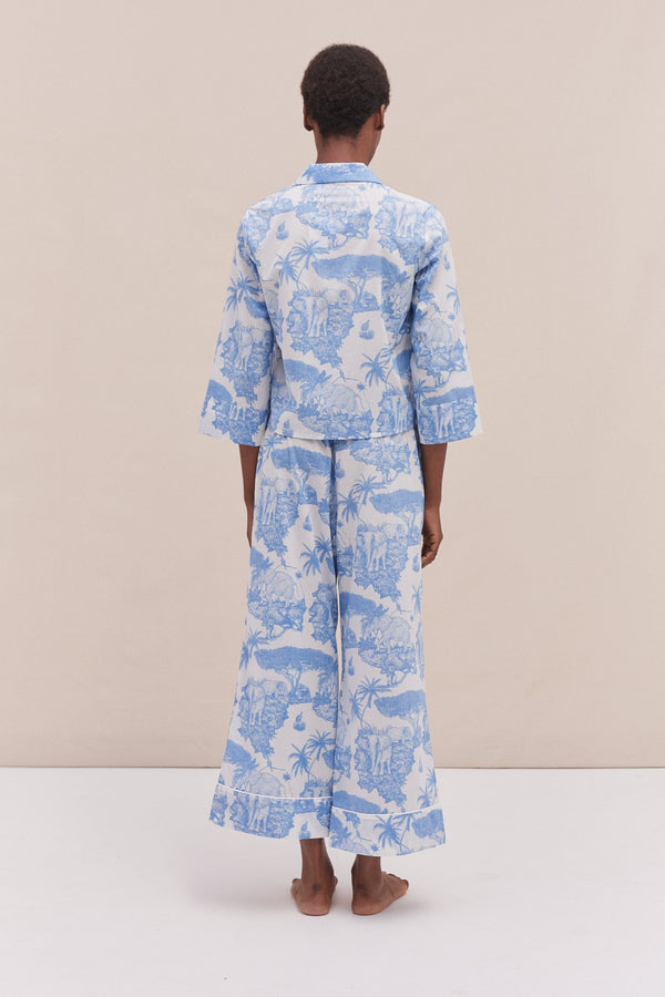 Desmond & Dempsey Boxy Shirt And Wide Leg Trouser Set Loxodonta Print Blue