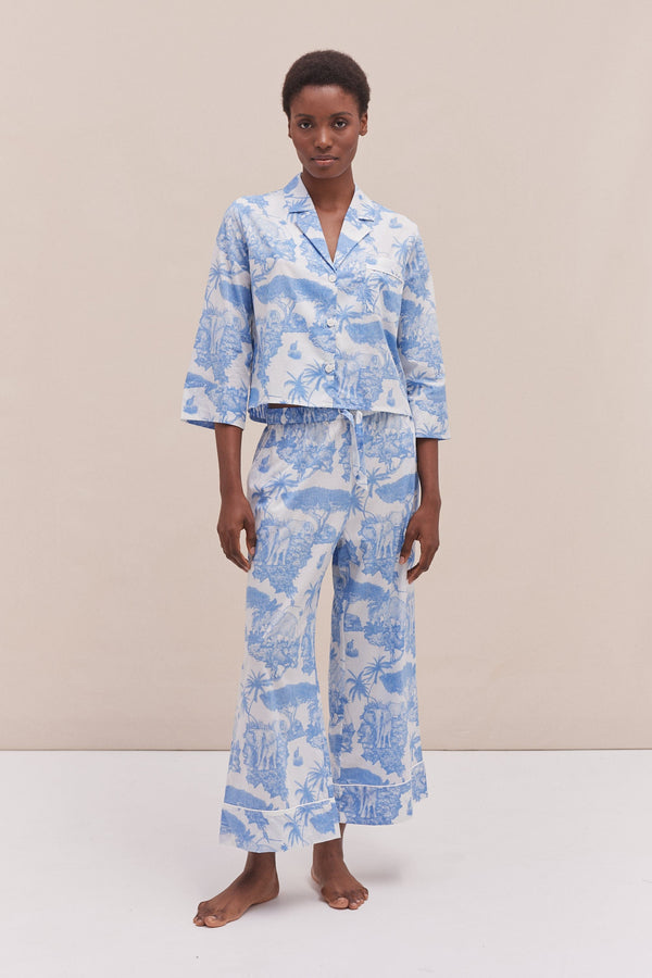 desmond & dempsey Boxy Shirt and Wide Leg Trouser Set Loxodonta Print Blue