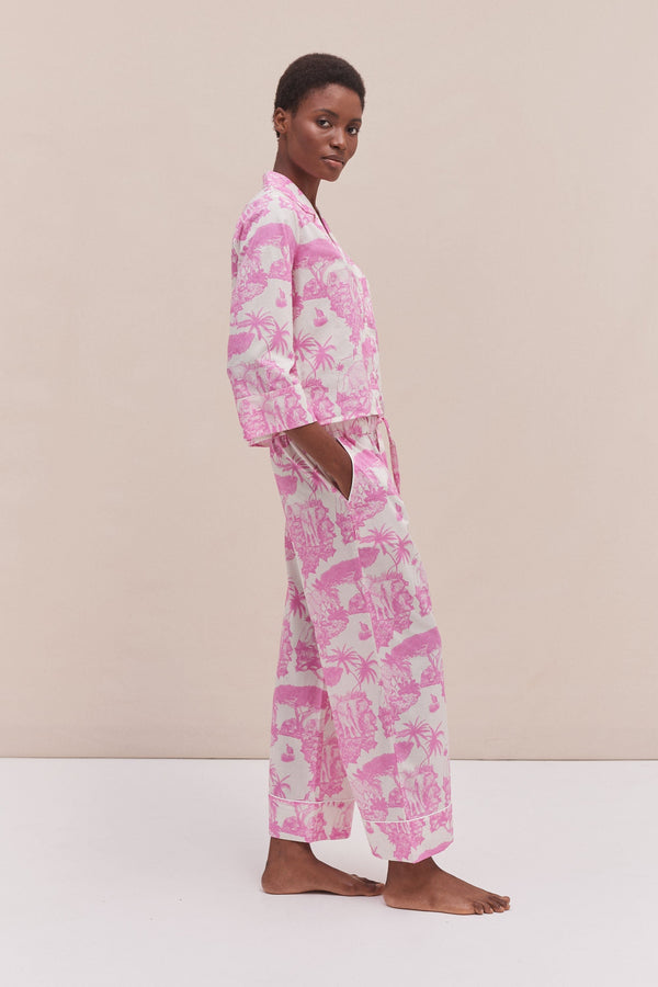 Desmond & Dempsey Boxy Shirt And Wide Leg Trouser Set Loxodonta Print Pink