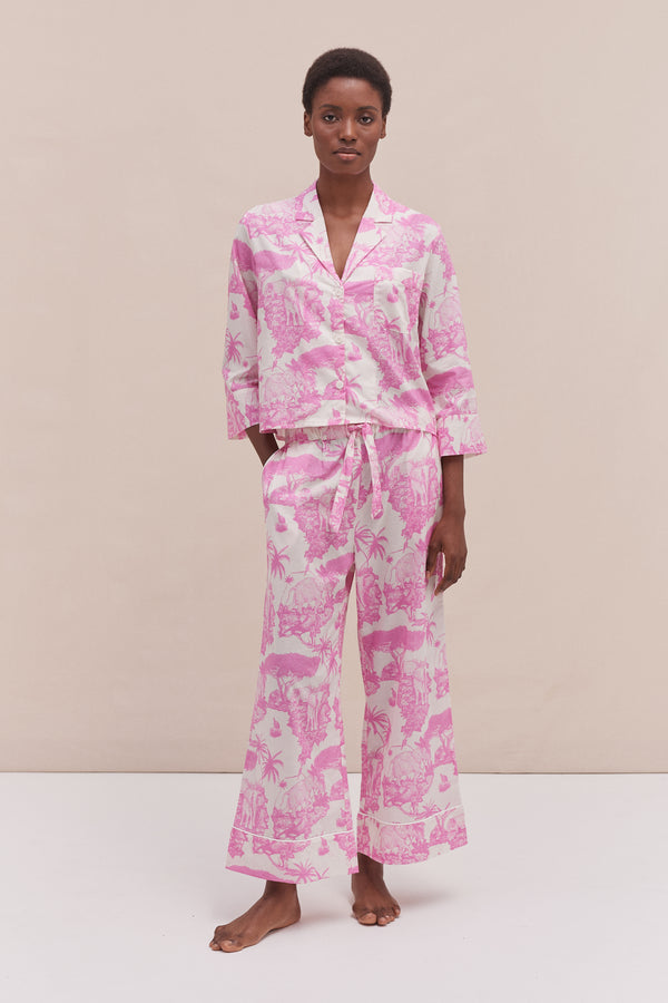 desmond & dempsey Boxy Shirt and Wide Leg Trouser Set Loxodonta Print Pink