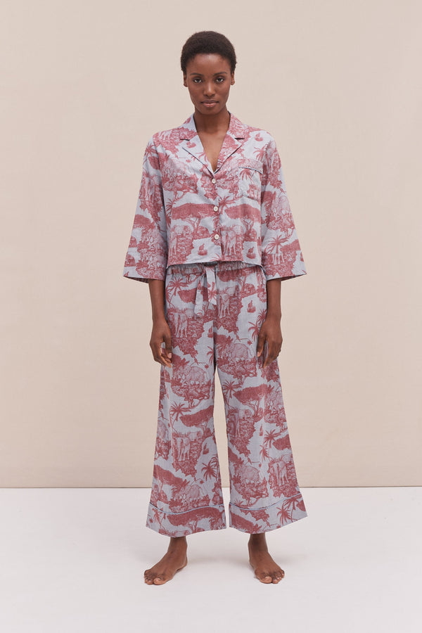 desmond & dempsey Boxy Shirt and Wide Leg Trouser Set Loxodonta Print Chambray/Red