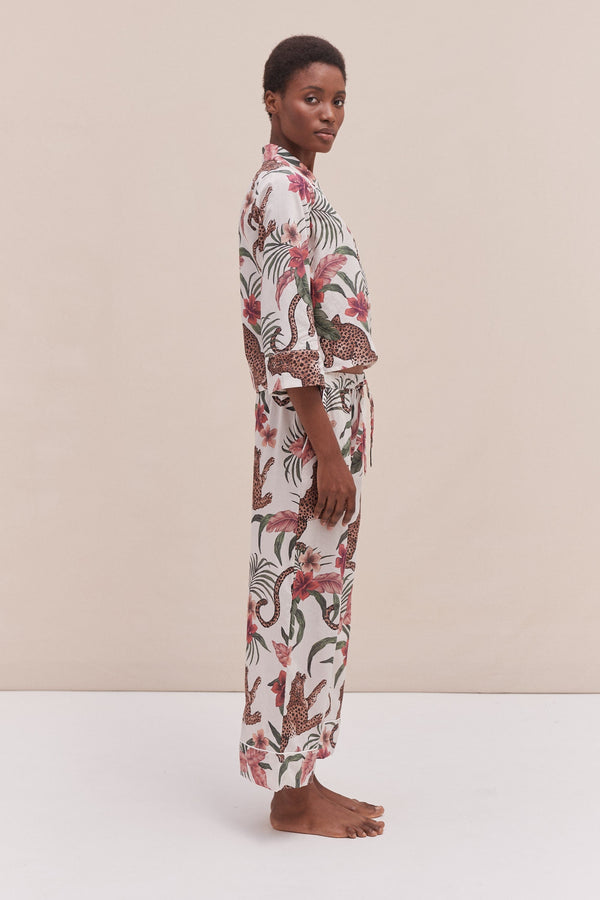 Desmond & Dempsey Boxy Shirt And Wide Leg Trouser Set Soleia Leopard Print Cream
